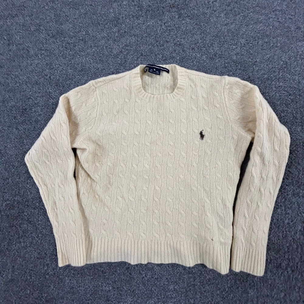 Ralph Lauren Sport Sweater Womens Size XL Cream Lambswool Cable Knit Rips Flaws